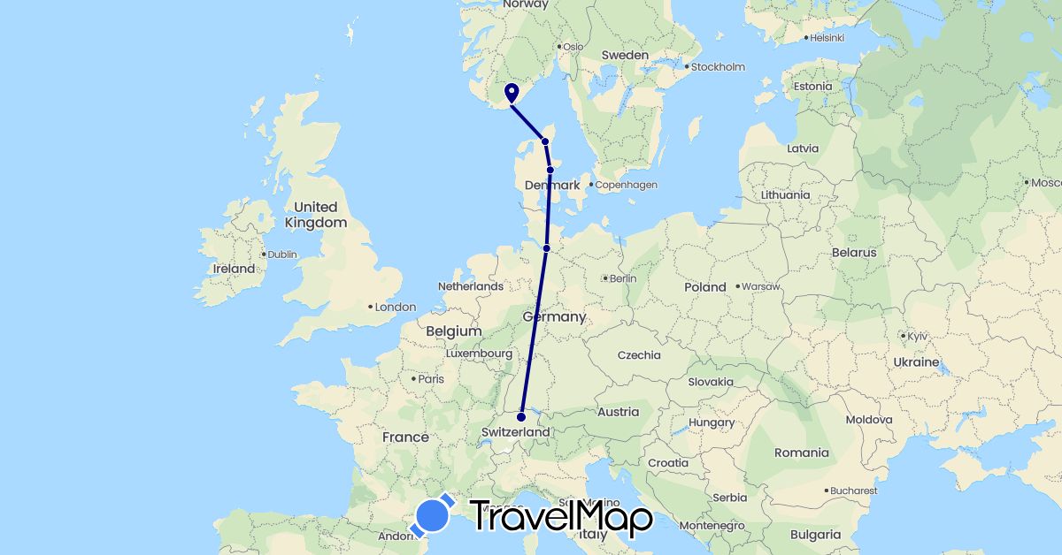TravelMap itinerary: driving in Switzerland, Germany, Denmark, Norway (Europe)
